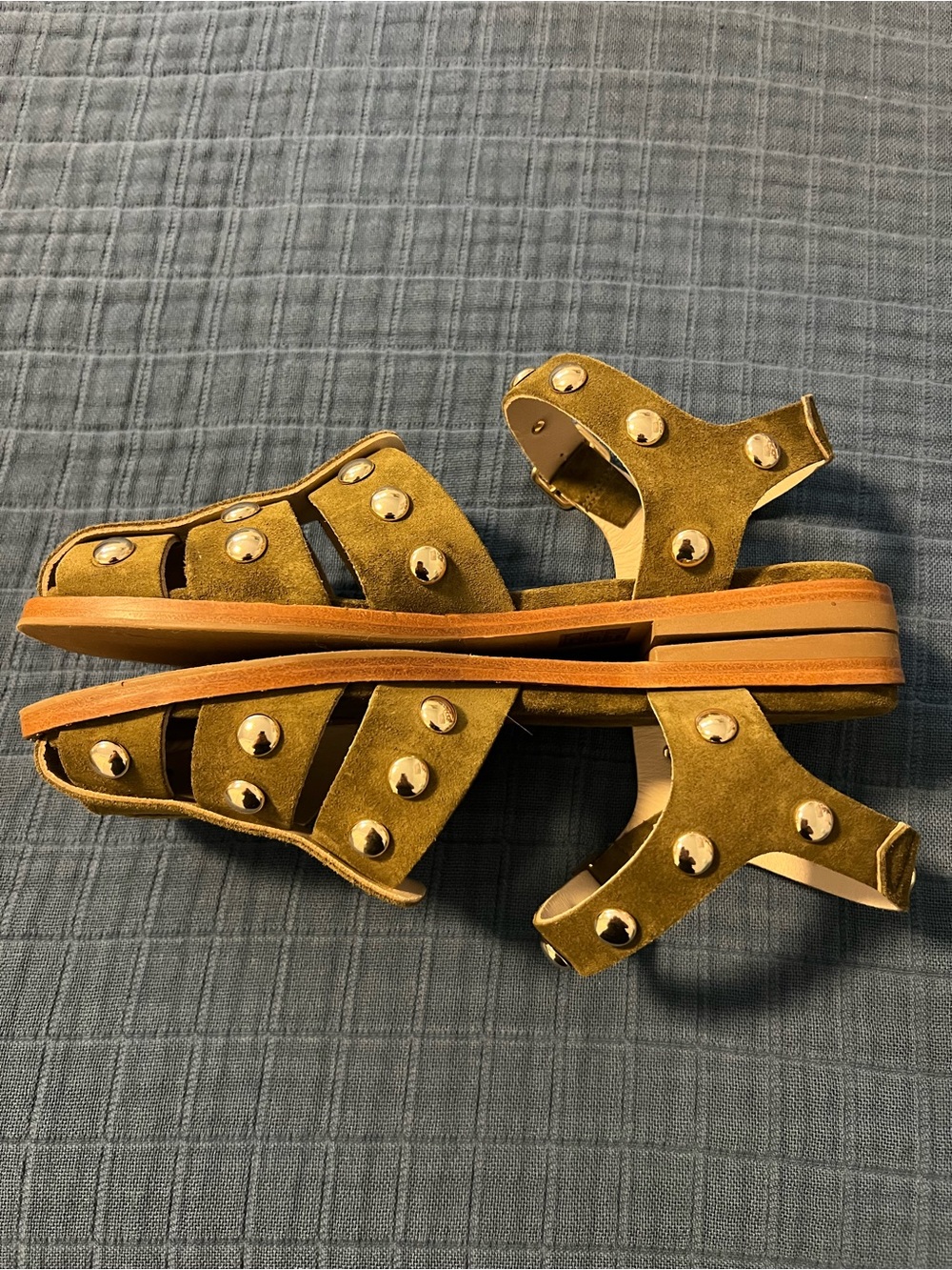 Freda Salvador: Sera Fisherman Sandal - Olive Suede w/ Gold Studs EUC - Picture 6 of 13